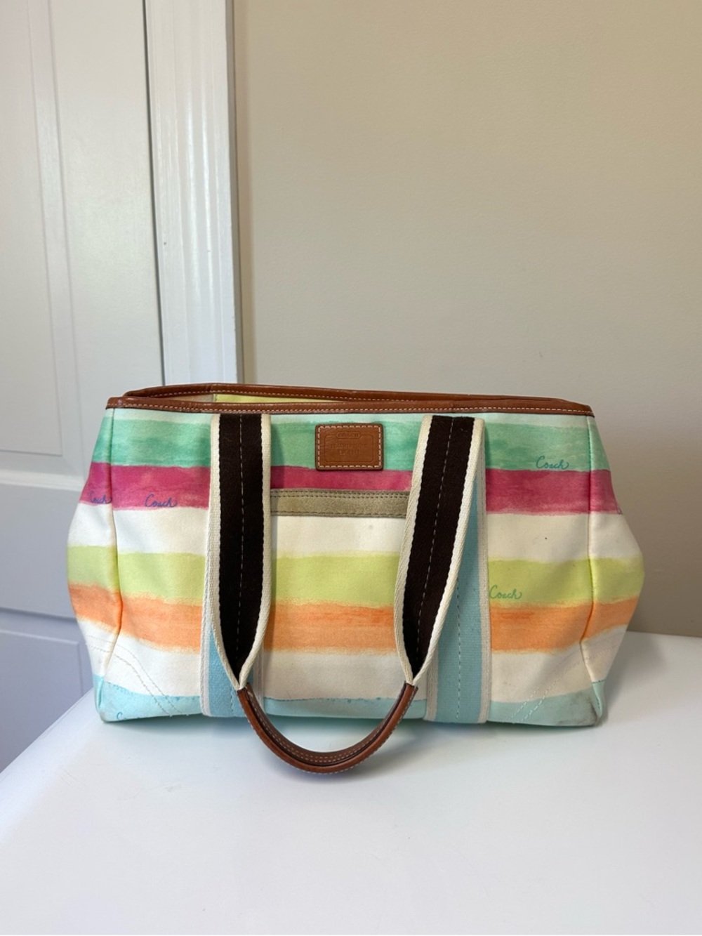 Coach Hampton Watercolor Stripe Canvas Leather Tote Bag